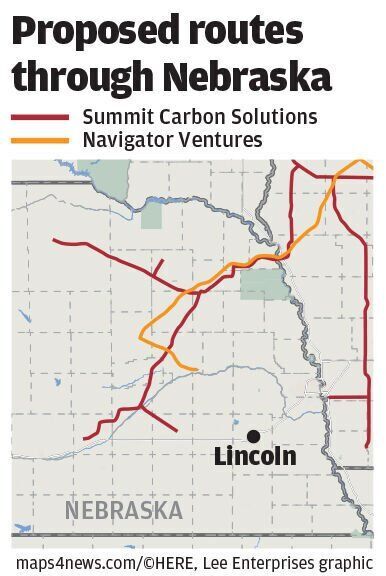 Proposed carbon pipeline routes through Nebraska